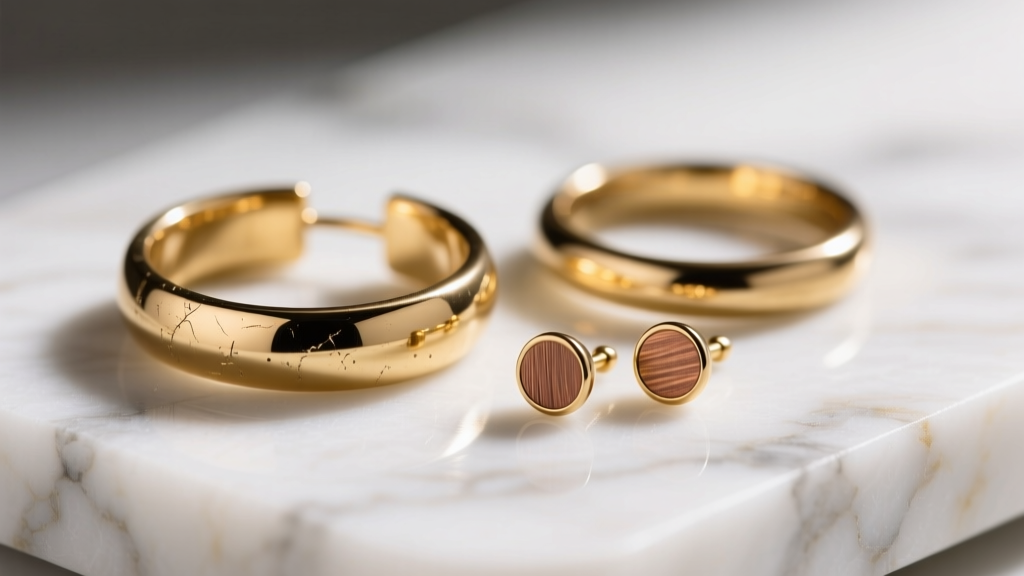 Macro shot of 16-gauge PVD gold hoops and vermeil studs on marble in soft light, showing budget jewelry textures.
