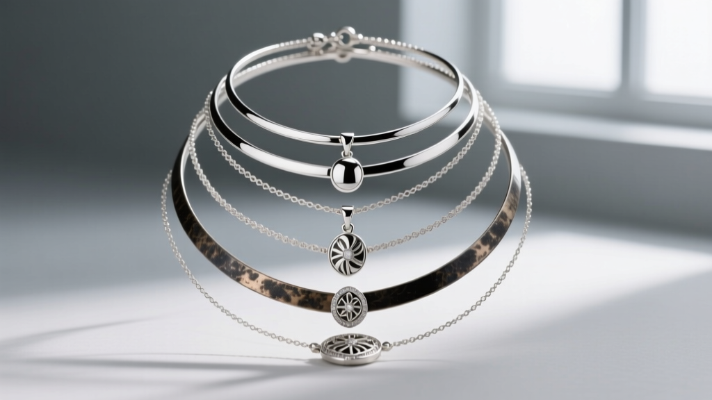 Studio portrait showing layered 925 sterling silver necklaces with oxidized and polished finishes against a soft grey backdrop