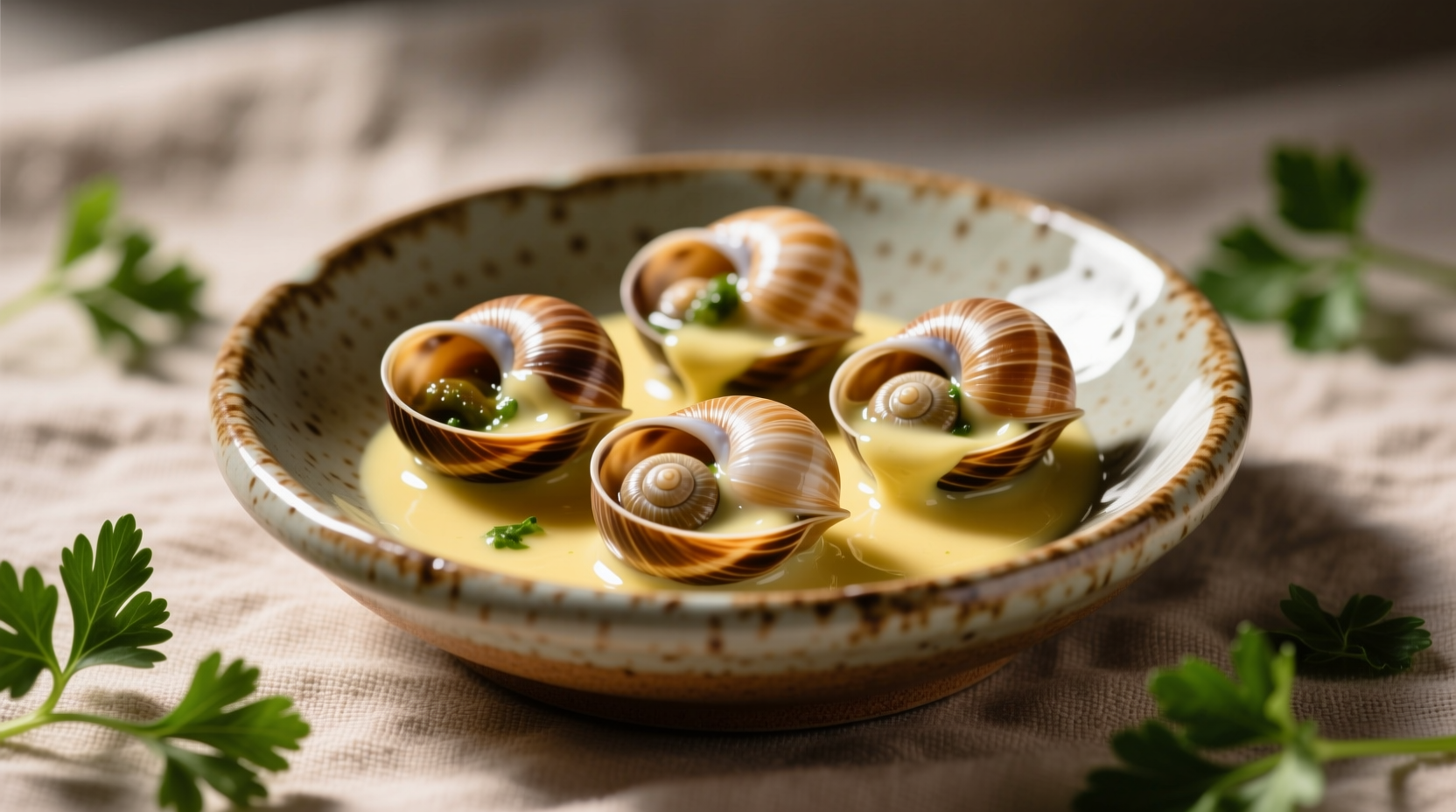 Freshly prepared escargot in ceramic dish with garlic butter