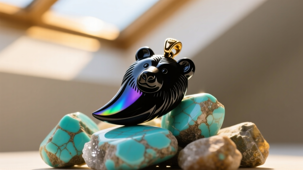 Macro shot of a hand-carved black obsidian bear claw pendant resting on raw natural turquoise stones in warm sunlight