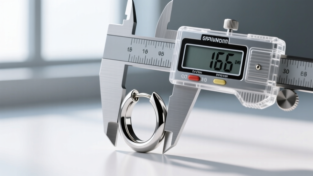 Macro shot of digital calipers measuring the inner diameter of a 16-gauge titanium seamless hoop earring for cartilage piercings.