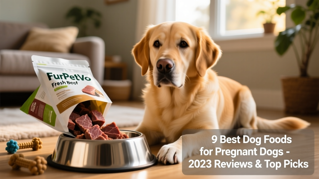 Close-up of FurPetVo Fresh Beef Dog Food served in a stainless-steel bowl beside a gentle, expectant mother dog