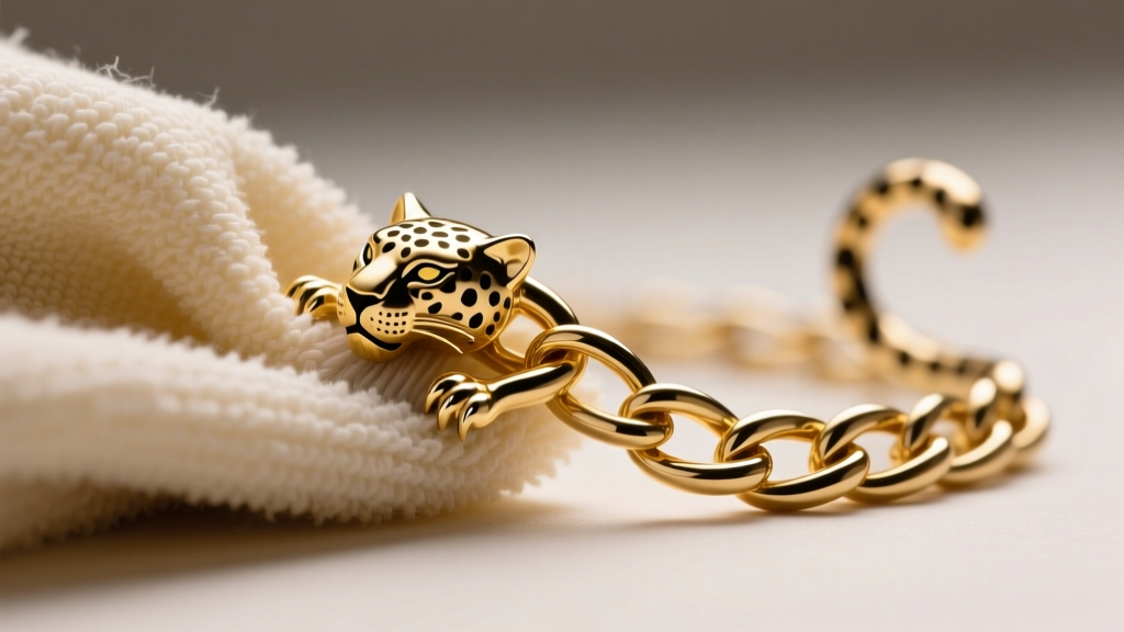 Close-up of a microfiber cloth gently wiping a gold vermeil panther chain link, highlighting the delicate 2.5-micron gold plating
