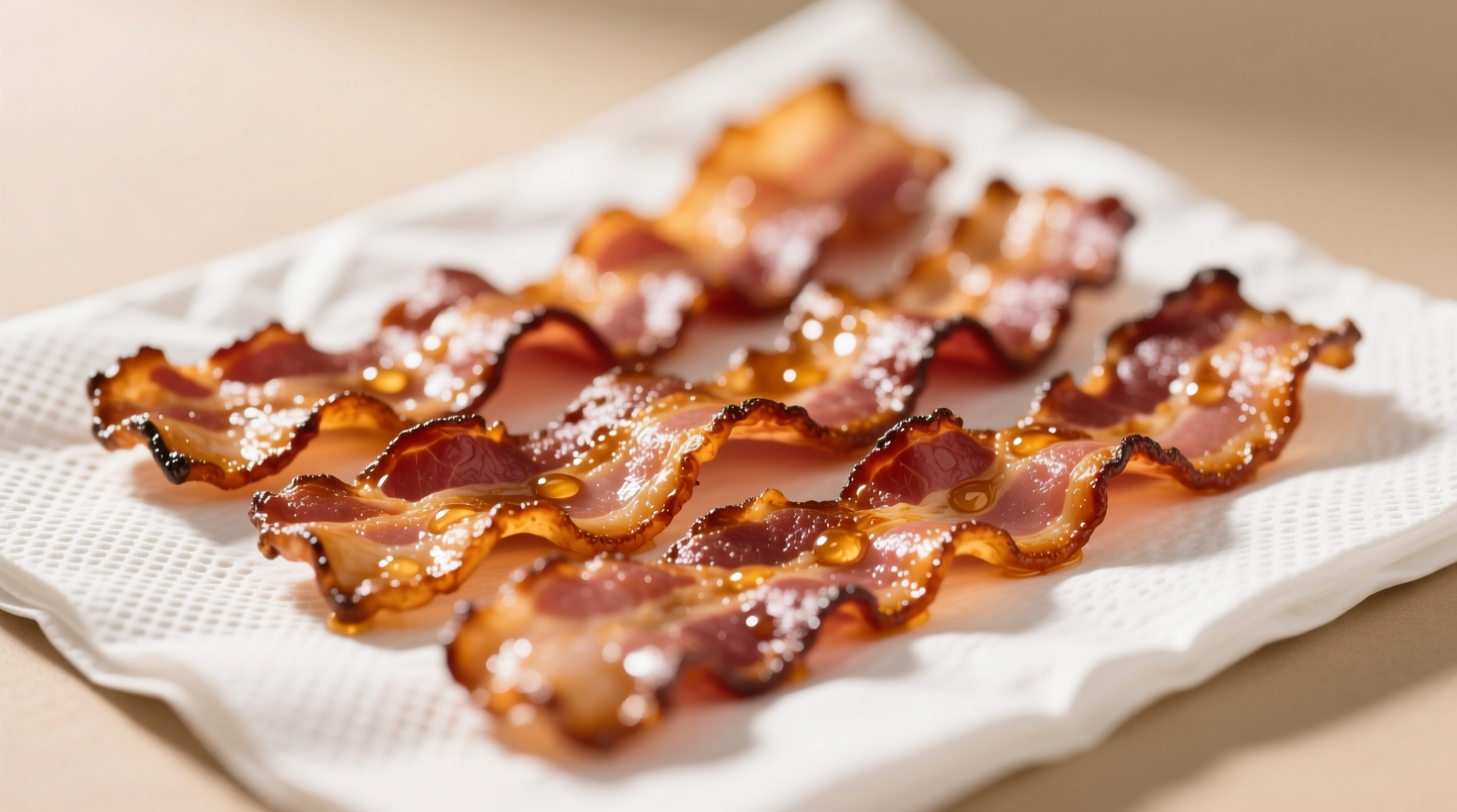 Perfectly cooked bacon strips on paper towels with golden brown color