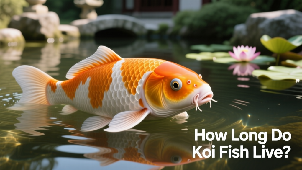 Close-up of a mature koi with vivid orange and white patterning, gently gliding through clear, sunlit pond water