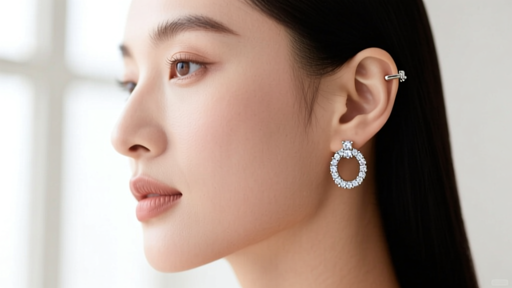 Profile of a woman wearing delicate cubic zirconia huggie hoops showing the pave setting and secure clicker closure on her earlobe