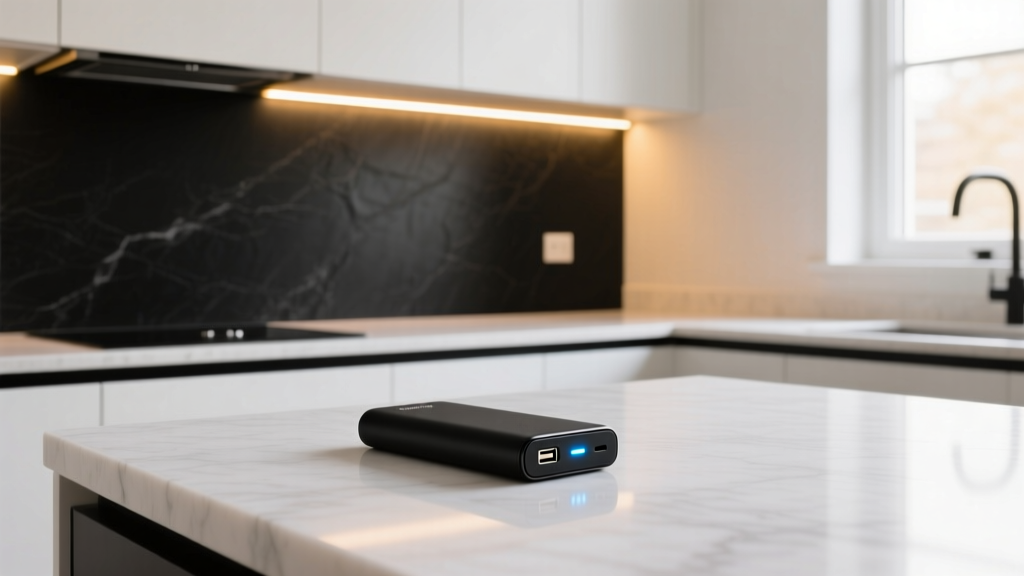 Kitchen counter with Philips Hue LED light strips illuminating the backsplash and a sleek power bank charging nearby