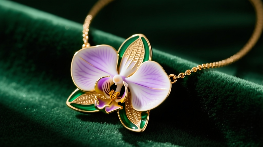 Macro shot of a 14k gold orchid flower necklace on dark green velvet, highlighting intricate enamel petal details and textured metal