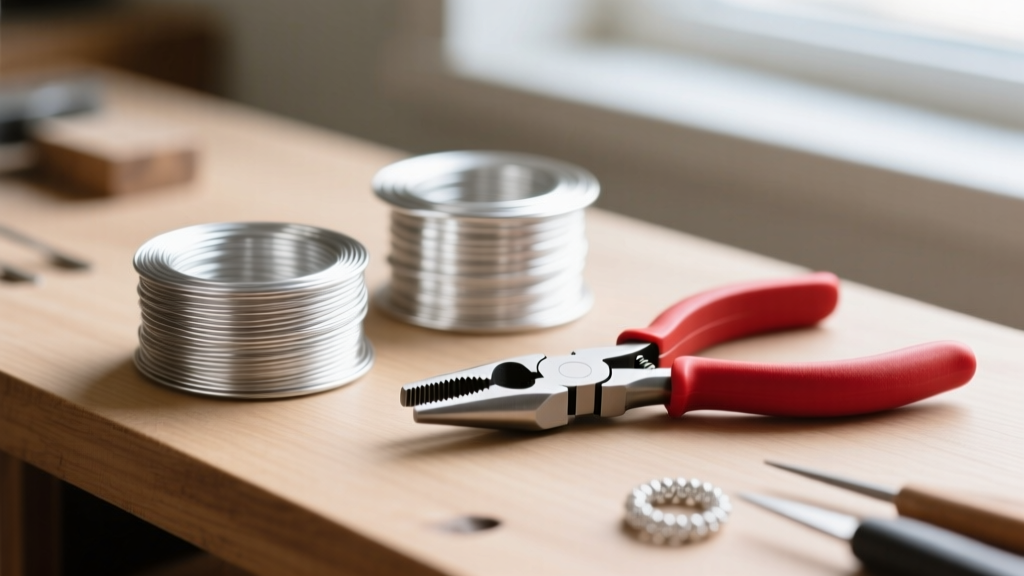 Close-up of 20-gauge argentium sterling silver wire spools and nylon-jaw jewelry pliers arranged on a clean wooden workbench