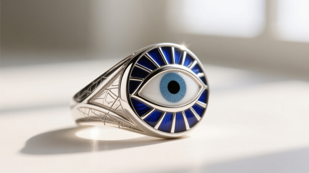 Macro shot of a sterling silver evil eye ring with guilloché enamel in cobalt blue and white, highlighting textured metal beneath.