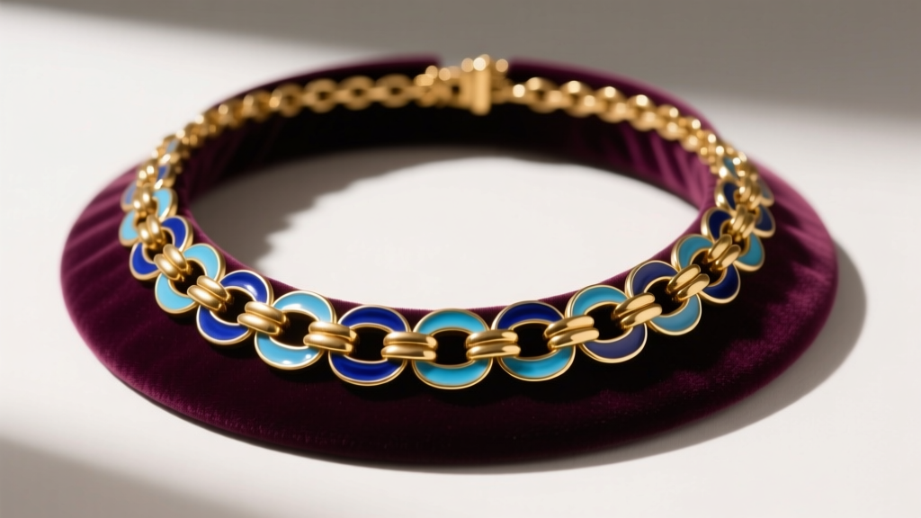 Gold and blue enamel cleopatra style necklace on velvet, showing the broad collar and intricate metal links in soft lighting