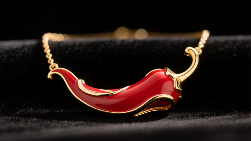 Close-up of a vibrant red enameled 18k gold chili pepper necklace resting on dark velvet under warm studio lighting.
