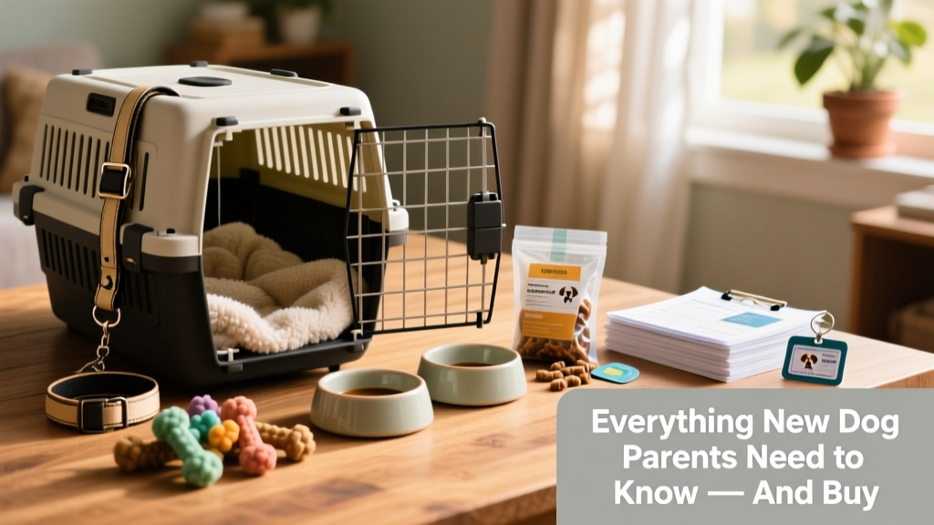 A neatly arranged dog adoption starter kit: crate with blanket, leash and collar, food and water bowls, chew toys, treats, and a small stack of vet paperwork and ID tags