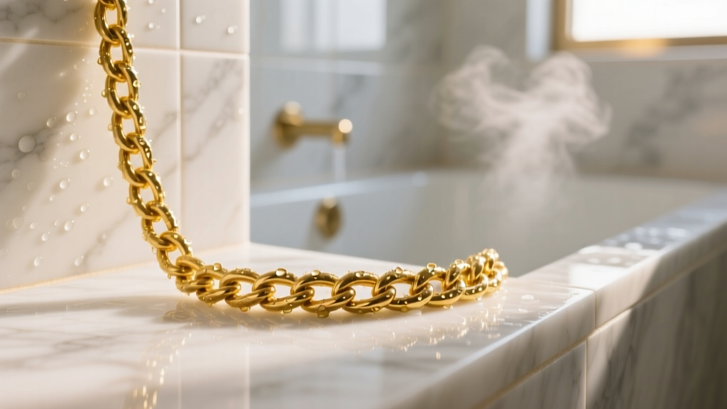 Close-up of a wet 14k yellow gold rope chain on white marble shower tiles, water droplets catching soft, warm bathroom lighting.