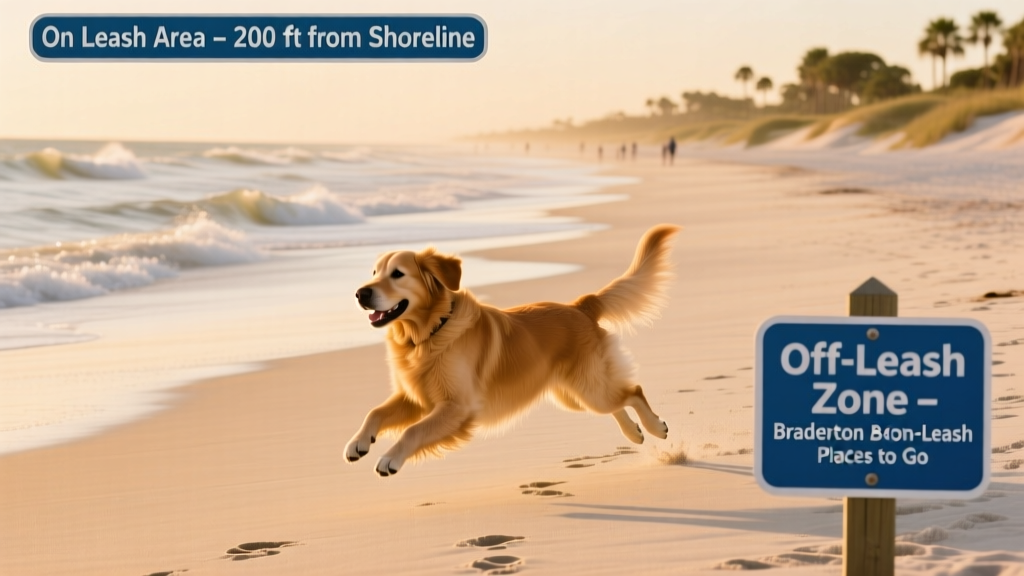 A golden retriever happily running along a sandy shoreline with gentle waves rolling in