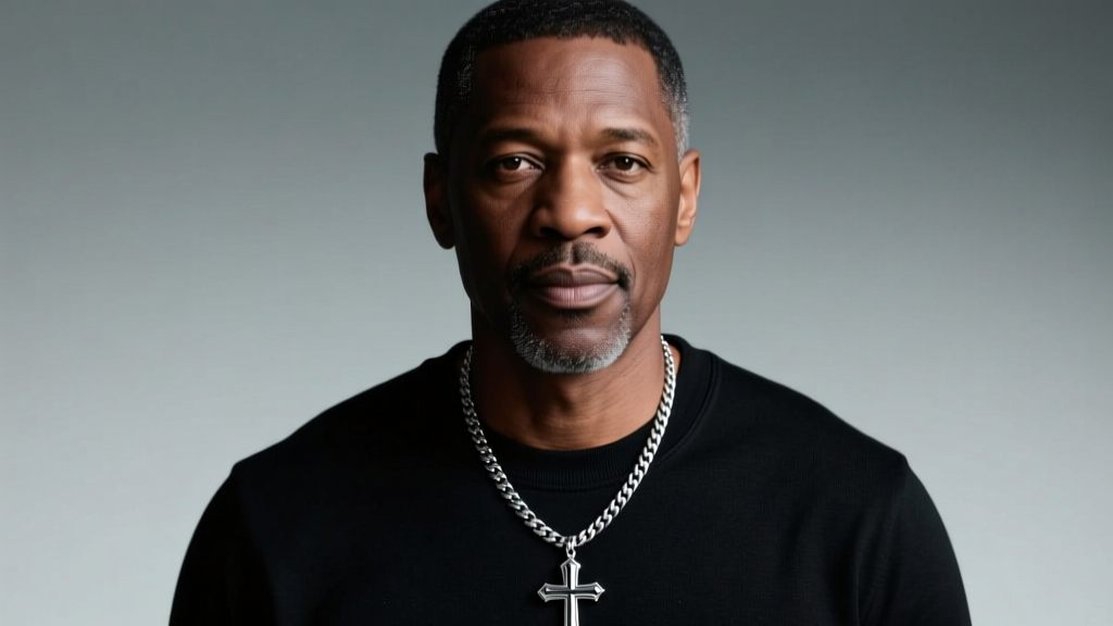Close-up of a man wearing a 5mm silver curb chain and large cross pendant over a black crewneck shirt under soft studio lighting.