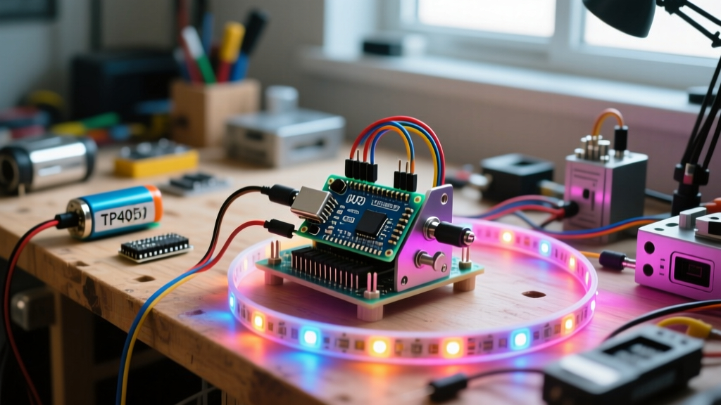 A messy but functional workbench showing an Arduino Nano wired to a TP4056 battery module and WS2812B LED strips for a cosplay prop