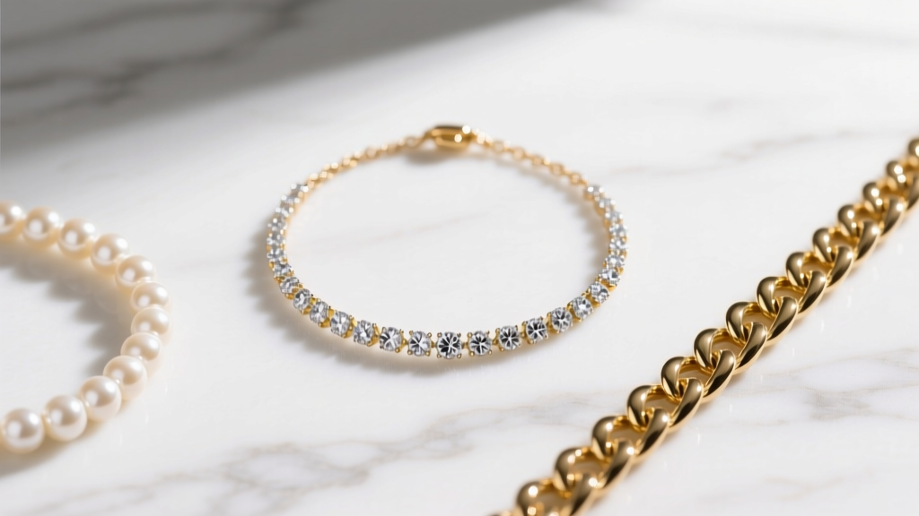 Flat lay of three gold chains including a diamond bead necklace, a pearl strand, and a solid herringbone chain on white marble.