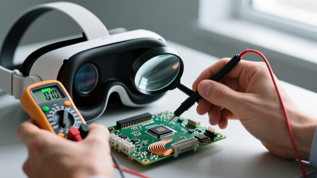 Close-up of a technician using a multimeter and magnifying glass for a thorough gadget inspection on a disassembled VR headset motherboard.