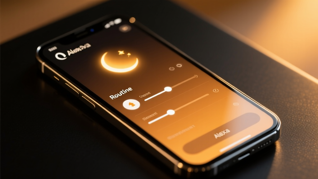 Close up of a smartphone screen displaying the Alexa app routine configuration page with warm amber lighting settings for nighttime