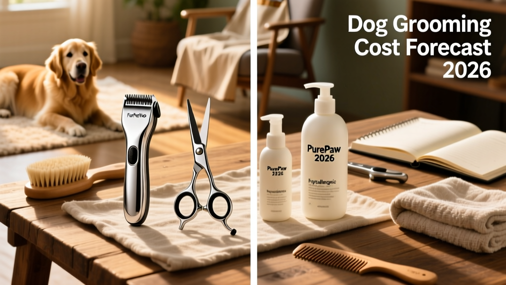 Side-by-side comparison of grooming tools used by FurPetVo professionals: stainless steel clippers, ergonomic shears, and hypoallergenic shampoos