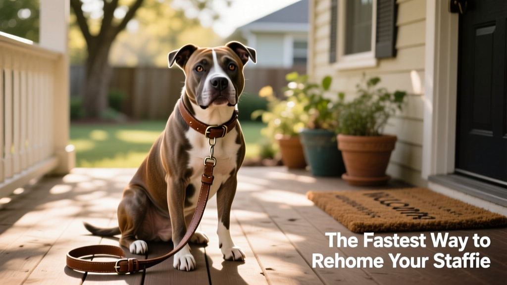 A friendly, well-groomed American Staffordshire Terrier sitting calmly beside a leash and collar