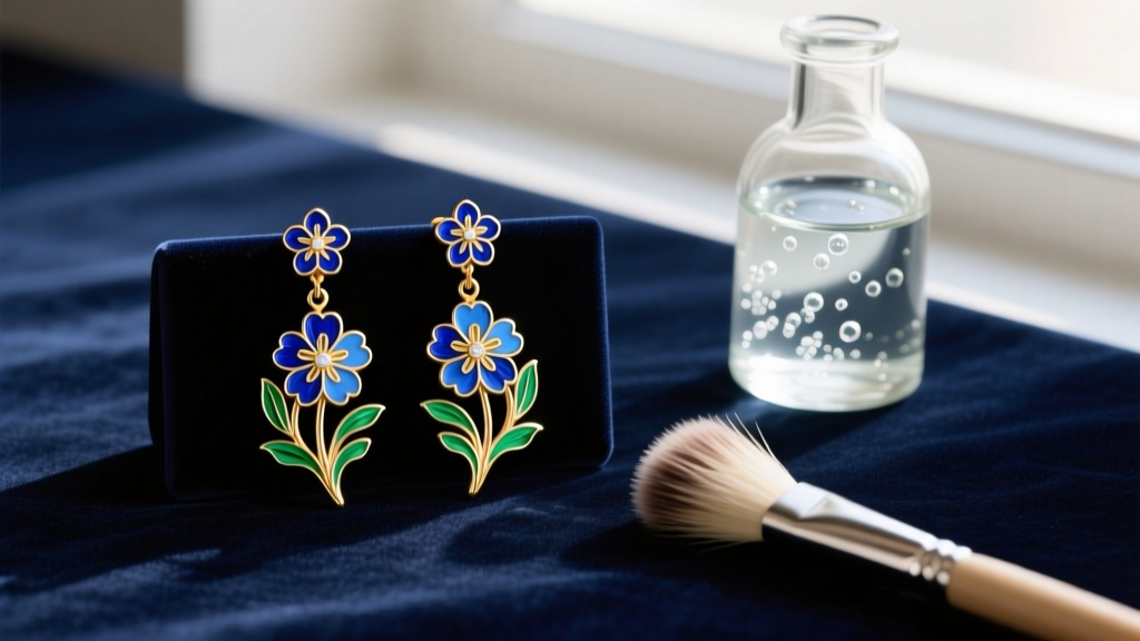 Flat lay on velvet holding floral champlevé enamel drop earrings next to a mild soap solution and a soft horsehair cleaning brush