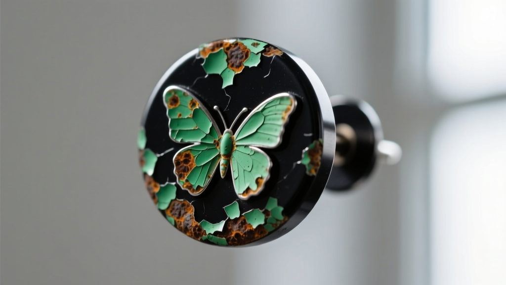 Magnified view of a cheap black alloy circle earring post revealing green corrosion and flaking paint near the butterfly backing