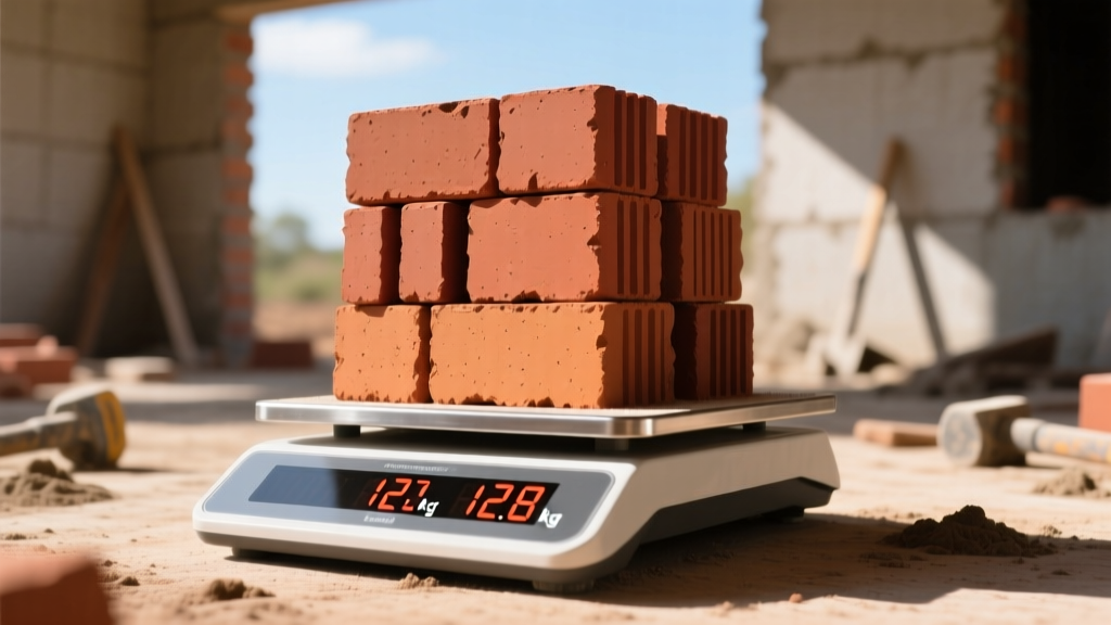 Red clay modular bricks stacked on a digital scale displaying weight measurements at a sunlit masonry construction site