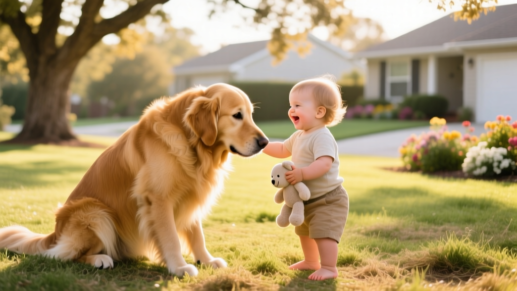 Golden Retriever gently playing with a toddler outdoors, demonstrating safe family dog interaction and a patient temperament
