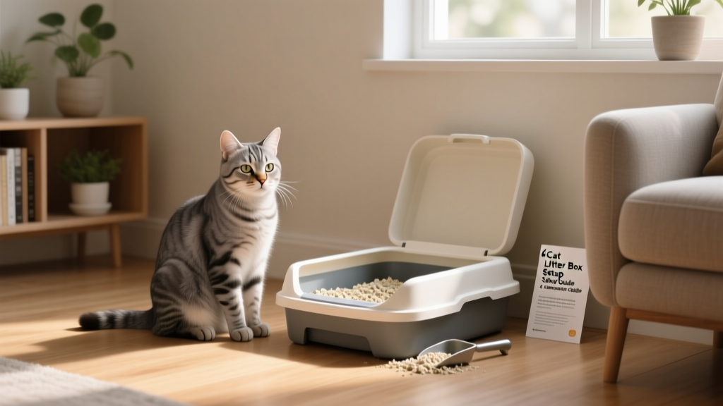 A gray tabby cat sitting calmly beside a clean, open litter box in a quiet corner of a living space