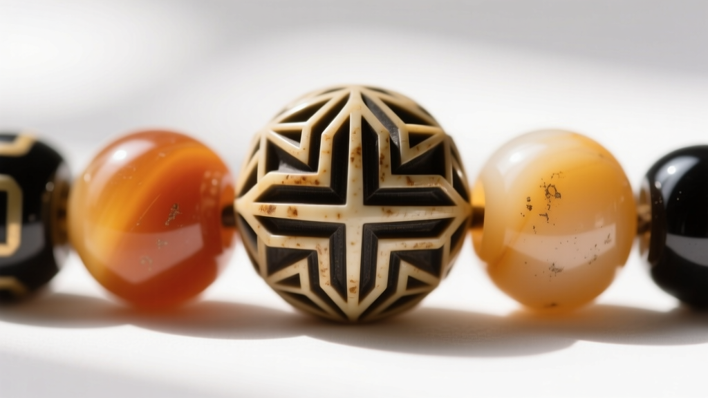Macro photography of early 1920s Bakelite and celluloid beads showing distinct geometric Art Deco carving and minor patina aging.