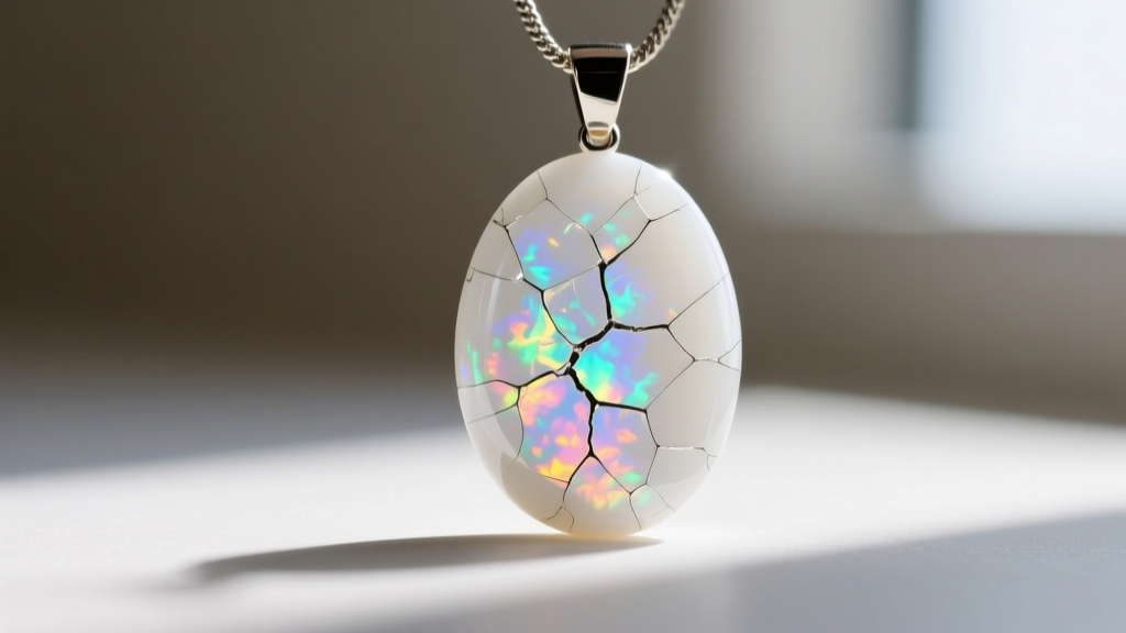 Loupe view of a crazed natural white opal pendant, highlighting fine surface cracks caused by rapid moisture loss and thermal shock.
