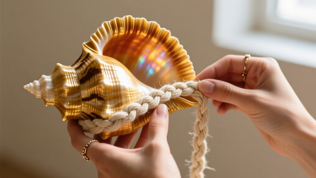 Hands weaving a waterproof waxed linen macrame bail around the un-drilled top ridge of a large golden tiger cowrie shell