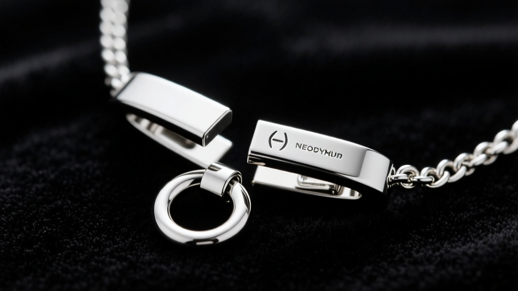 Close-up of a silver magnetic necklace clasp separating on dark velvet, showing the neodymium magnet and soldered jump ring.