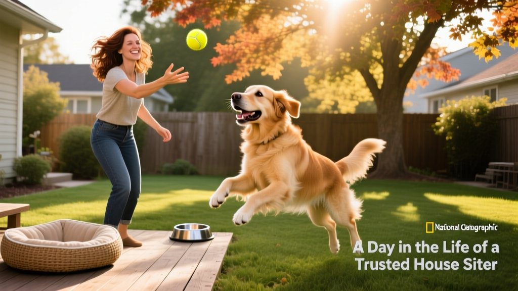 Shira throwing a tennis ball while Cody leaps mid-air to catch it in a sunlit backyard