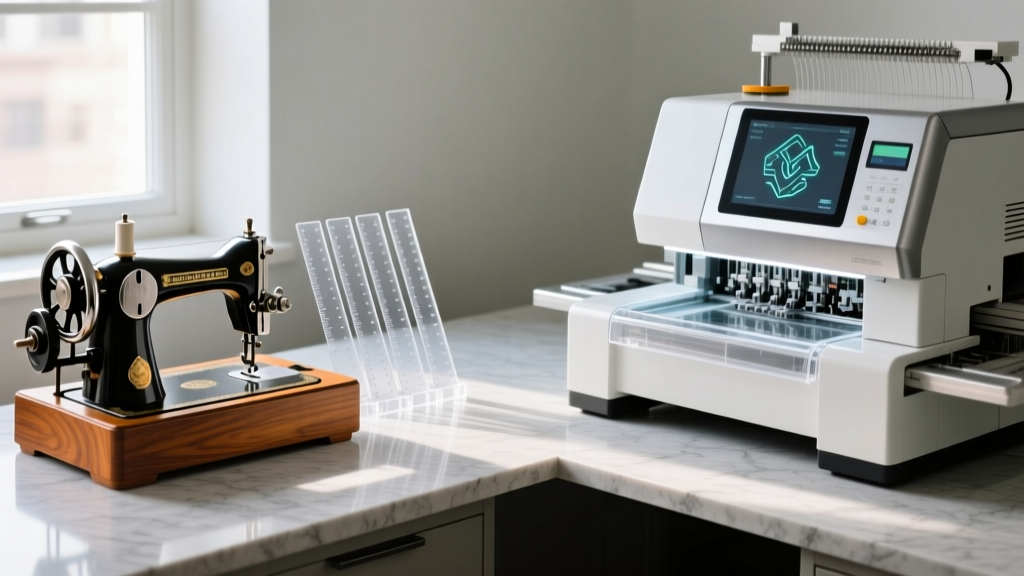 Split workspace: basic mechanical sewing machine with acrylic rulers on left, high-tech computerized embroidery machine on right.