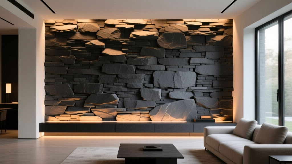 Living room accent wall clad in dark charcoal stacked stone veneer illuminated by warm LED lighting showing textured mortar joints