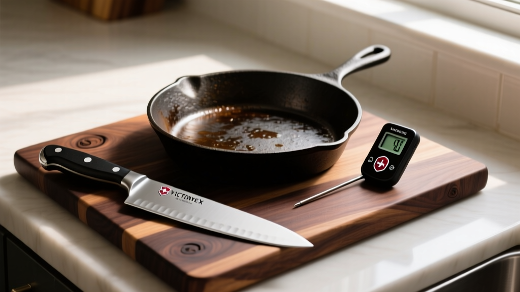Victorinox chef knife, Lodge cast iron skillet, and digital thermometer arranged on a dark walnut butcher block kitchen counter