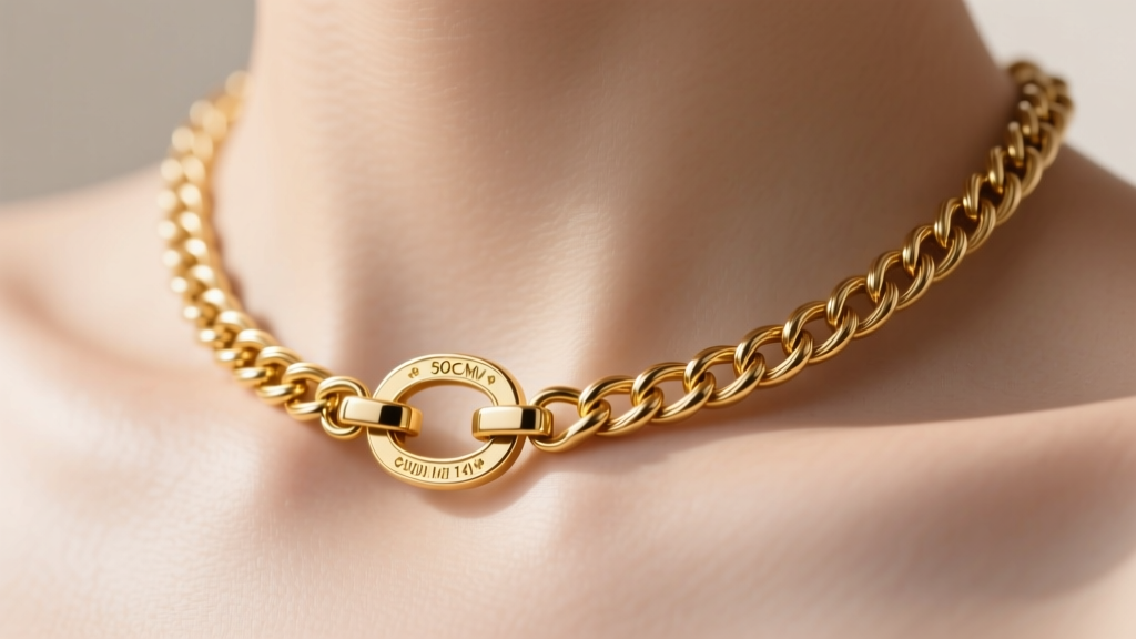 Close-up of a delicate 50cm solid 14k gold cable chain resting on a collarbone, showcasing the lobster clasp and hallmark