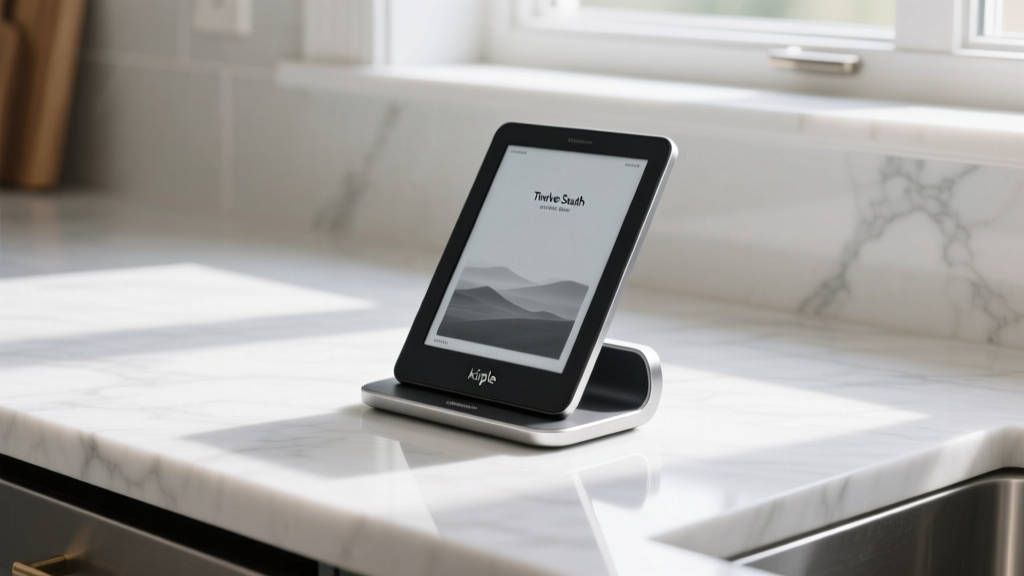 Side profile of Twelve South HoverBar Duo holding a Kindle Scribe in portrait mode on a minimalist marble kitchen counter