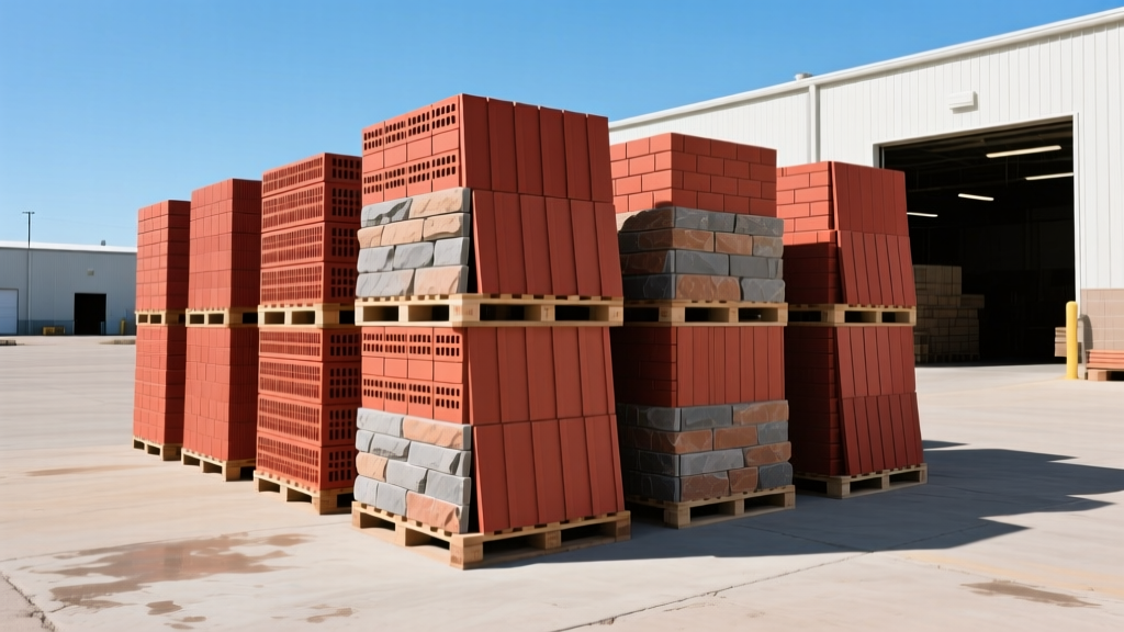 Stacked pallets of red modular clay brick and manufactured stone veneer outside a Tulsa masonry supply yard under clear skies