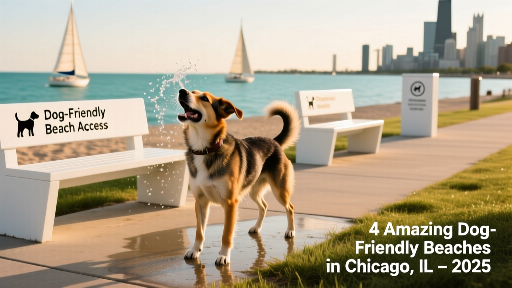 A mixed-breed dog shaking water off its coat near a clean, modern beach access point with benches and signage for dog owners