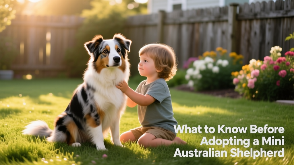 A Mini Australian Shepherd sitting attentively beside a child on a grassy backyard lawn
