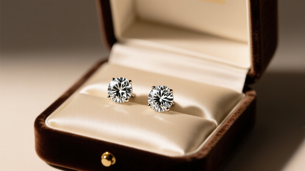 Open velvet box revealing brilliant round diamond stud earrings on a cream silk cushion, illuminated by warm studio lighting