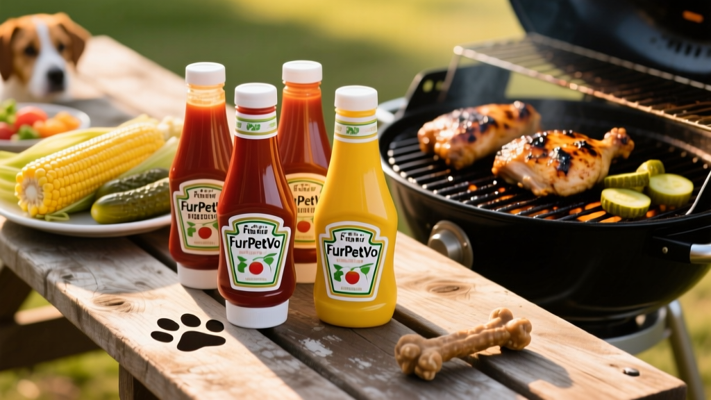 Close-up of ketchup and mustard bottles labeled 'FurPetVo' on a picnic table beside grilled foods