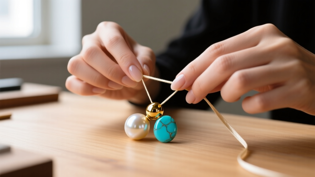 Close-up of hands threading silk cord through a gold spacer bead between a freshwater pearl and stabilized turquoise on a workbench.