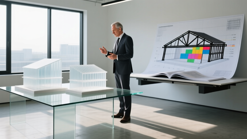 Architect reviewing translucent UHPC facade models alongside structural steel blueprints in a sunlit modern design studio