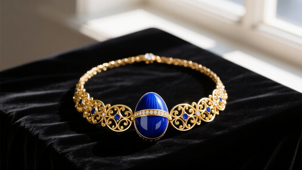 A vintage Joan Rivers Faberge egg necklace with deep blue enamel and gold filigree resting on dark velvet.