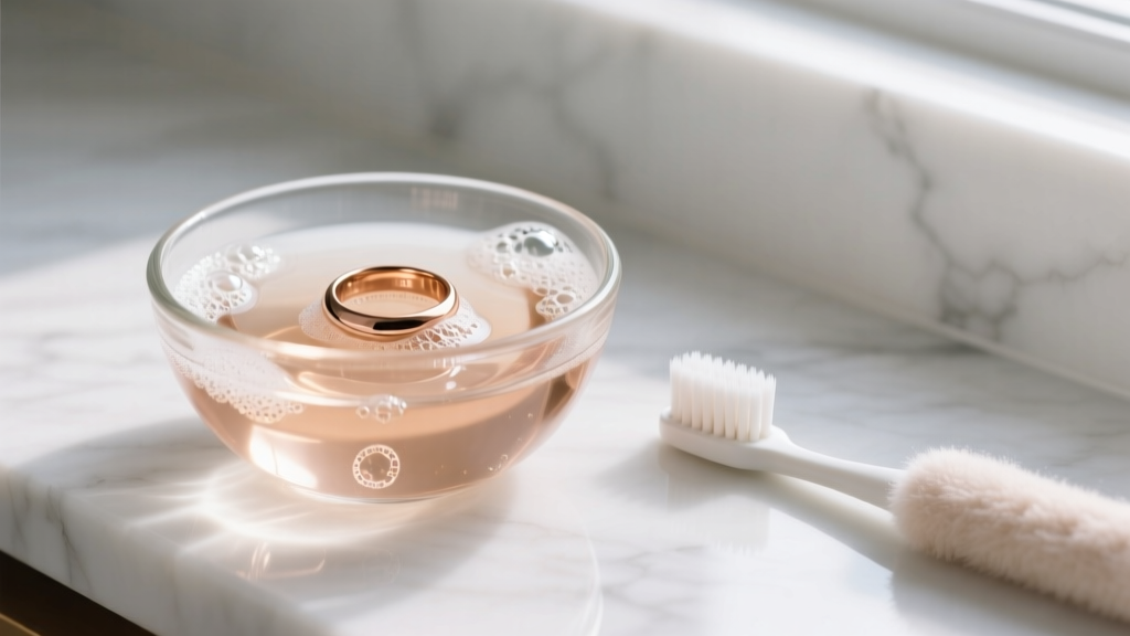 Glass bowl of warm soapy water holding an 18k rose gold ring beside a soft baby toothbrush on a white marble countertop.
